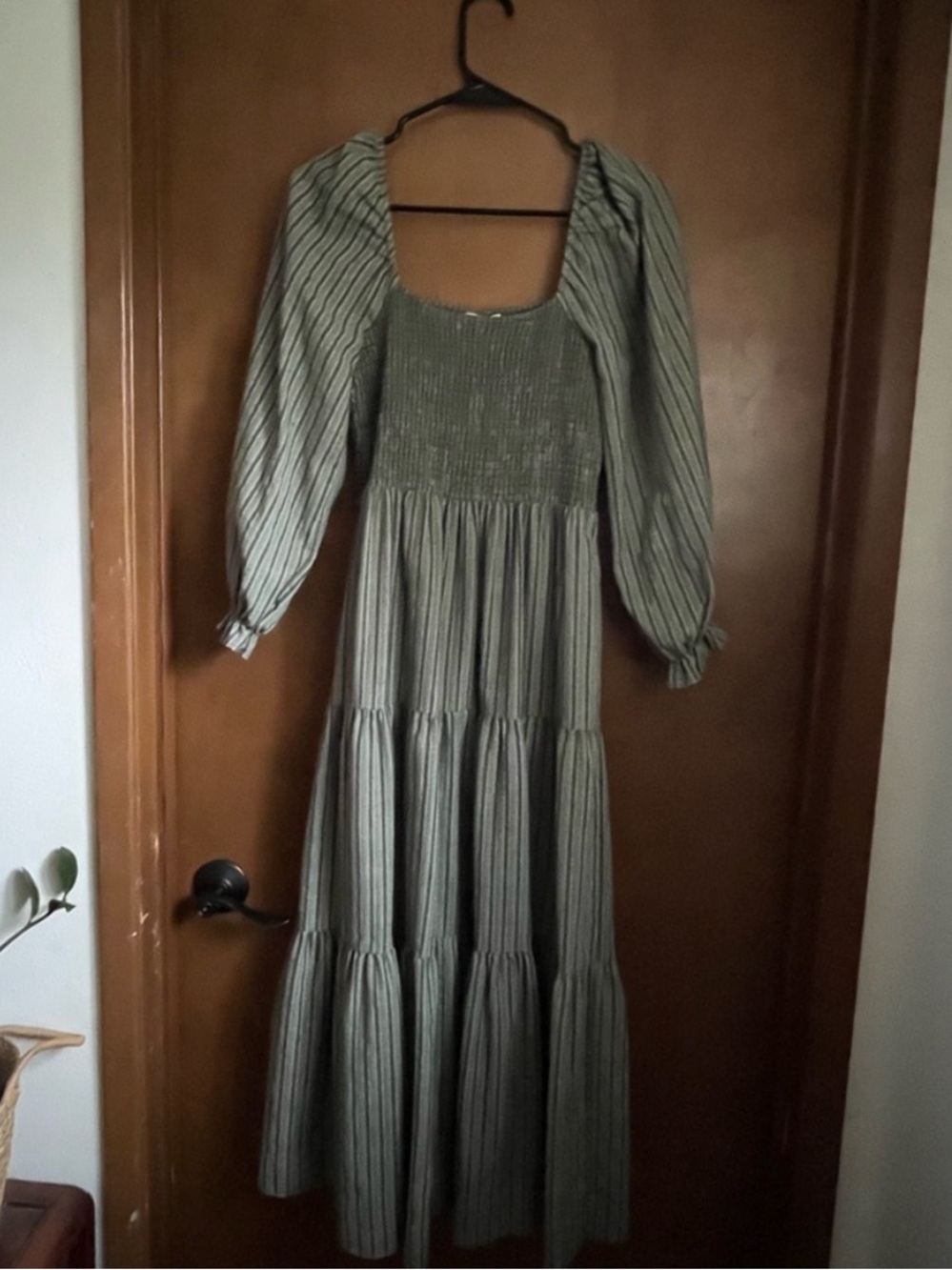 Neuflora Smocked Tiered Dress in Green with Long Sleeves